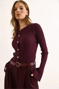 Olalook Women's Plum Gold Buttoned Spanish Sleeve Ribbed Cardigan