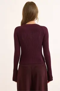 Olalook Women's Plum Gold Buttoned Spanish Sleeve Ribbed Cardigan - Image 2