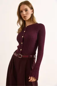 Olalook Women's Plum Gold Buttoned Spanish Sleeve Ribbed Cardigan - Image 4
