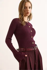 Olalook Women's Plum Gold Buttoned Spanish Sleeve Ribbed Cardigan - Image 5