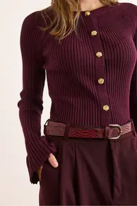 Olalook Women's Plum Gold Buttoned Spanish Sleeve Ribbed Cardigan - Image 6