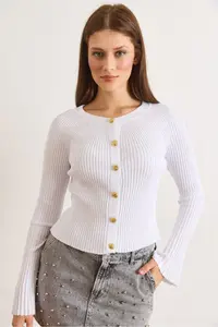 Olalook Women's White Gold Buttoned Spanish Sleeve Ribbed Cardigan