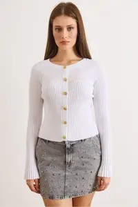 Olalook Women's White Gold Buttoned Spanish Sleeve Ribbed Cardigan - Image 2