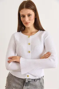 Olalook Women's White Gold Buttoned Spanish Sleeve Ribbed Cardigan - Image 5