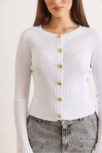 Olalook Women's White Gold Buttoned Spanish Sleeve Ribbed Cardigan - Image 6