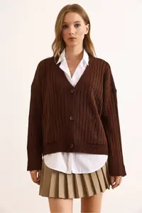 Olalook Women's Brown Pocket Thick Ribbed Soft Textured Knitwear Cardigan - Image 2