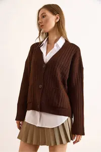 Olalook Women's Brown Pocket Thick Ribbed Soft Textured Knitwear Cardigan - Image 3