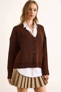 Olalook Women's Brown Pocket Thick Ribbed Soft Textured Knitwear Cardigan - Image 4