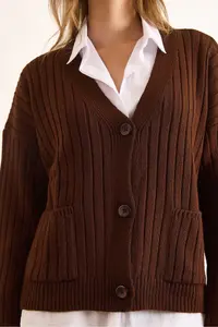 Olalook Women's Brown Pocket Thick Ribbed Soft Textured Knitwear Cardigan - Image 5