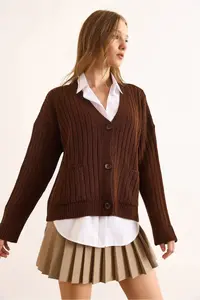 Olalook Women's Brown Pocket Thick Ribbed Soft Textured Knitwear Cardigan - Image 6