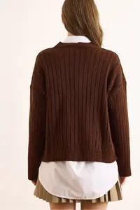 Olalook Women's Brown Pocket Thick Ribbed Soft Textured Knitwear Cardigan - Image 7