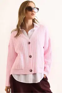 Olalook Women's Pink Pocket Thick Ribbed Soft Textured Knitwear Cardigan