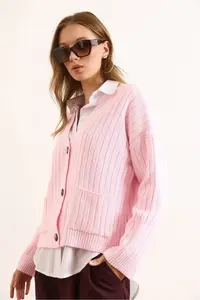 Olalook Women's Pink Pocket Thick Ribbed Soft Textured Knitwear Cardigan - Image 2