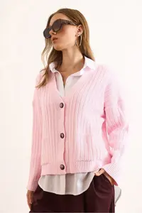 Olalook Women's Pink Pocket Thick Ribbed Soft Textured Knitwear Cardigan - Image 3