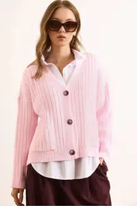 Olalook Women's Pink Pocket Thick Ribbed Soft Textured Knitwear Cardigan - Image 4