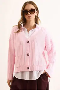 Olalook Women's Pink Pocket Thick Ribbed Soft Textured Knitwear Cardigan - Image 5