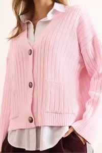 Olalook Women's Pink Pocket Thick Ribbed Soft Textured Knitwear Cardigan - Image 6