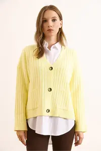 Olalook Women's Yellow Pocket Thick Ribbed Soft Textured Knitwear Cardigan - Image 2
