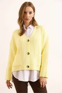 Olalook Women's Yellow Pocket Thick Ribbed Soft Textured Knitwear Cardigan - Image 3