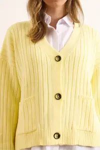 Olalook Women's Yellow Pocket Thick Ribbed Soft Textured Knitwear Cardigan - Image 5