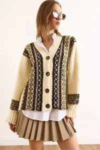 Olalook Women's Ecru Green Soft Textured Patterned Oversize Knitwear Cardigan