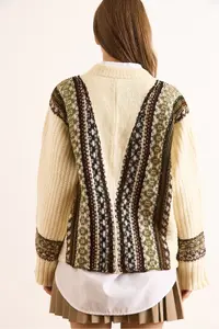 Olalook Women's Ecru Green Soft Textured Patterned Oversize Knitwear Cardigan - Image 6
