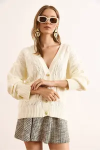 Olalook Women's Ecru Gold Buttoned Pocket Loose Knitwear Cardigan - Image 2