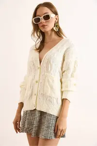 Olalook Women's Ecru Gold Buttoned Pocket Loose Knitwear Cardigan - Image 3