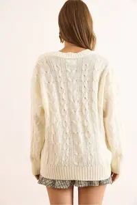 Olalook Women's Ecru Gold Buttoned Pocket Loose Knitwear Cardigan - Image 6