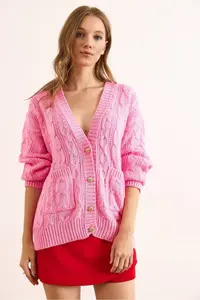 Olalook Women's Pink Gold Buttoned Pocket Loose Knitwear Cardigan - Image 2