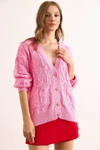 Olalook Women's Pink Gold Buttoned Pocket Loose Knitwear Cardigan - Image 3