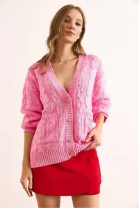 Olalook Women's Pink Gold Buttoned Pocket Loose Knitwear Cardigan - Image 4