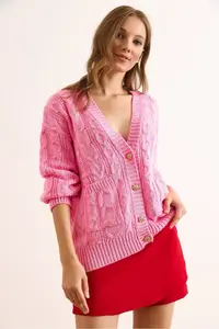 Olalook Women's Pink Gold Buttoned Pocket Loose Knitwear Cardigan - Image 5