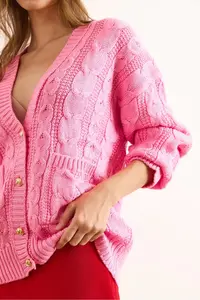 Olalook Women's Pink Gold Buttoned Pocket Loose Knitwear Cardigan - Image 6