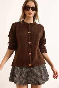 Olalook Women's Bitter Brown Crew Neck Boucle Knitwear Cardigan