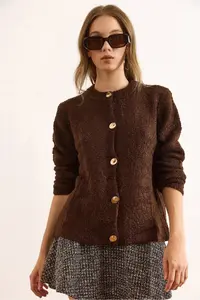 Olalook Women's Bitter Brown Crew Neck Boucle Knitwear Cardigan - Image 2
