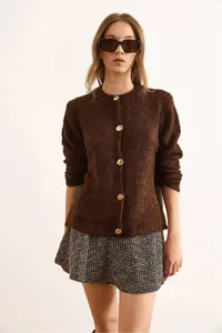 Olalook Women's Bitter Brown Crew Neck Boucle Knitwear Cardigan - Image 3