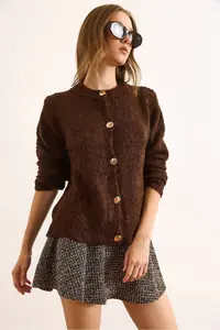 Olalook Women's Bitter Brown Crew Neck Boucle Knitwear Cardigan - Image 4