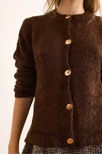 Olalook Women's Bitter Brown Crew Neck Boucle Knitwear Cardigan - Image 5