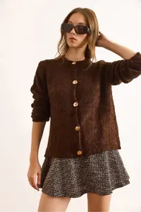 Olalook Women's Bitter Brown Crew Neck Boucle Knitwear Cardigan - Image 6