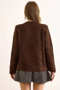 Olalook Women's Bitter Brown Crew Neck Boucle Knitwear Cardigan - Image 7