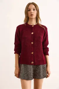 Olalook Women's Burgundy Crew Neck Boucle Knitwear Cardigan - Image 2