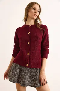 Olalook Women's Burgundy Crew Neck Boucle Knitwear Cardigan - Image 3