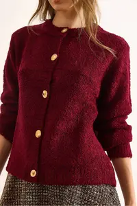 Olalook Women's Burgundy Crew Neck Boucle Knitwear Cardigan - Image 4