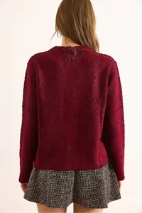Olalook Women's Burgundy Crew Neck Boucle Knitwear Cardigan - Image 5
