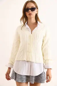 Olalook Women's Ecru 4 Button Braided Soft Textured Knitwear Cardigan - Image 2