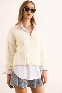 Olalook Women's Ecru 4 Button Braided Soft Textured Knitwear Cardigan - Image 3