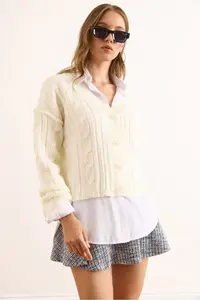 Olalook Women's Ecru 4 Button Braided Soft Textured Knitwear Cardigan - Image 4