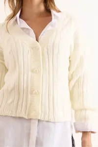 Olalook Women's Ecru 4 Button Braided Soft Textured Knitwear Cardigan - Image 5