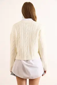 Olalook Women's Ecru 4 Button Braided Soft Textured Knitwear Cardigan - Image 6